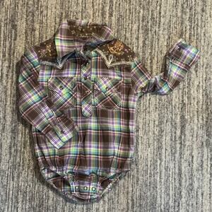 Wrangler Western Plaid Bodysuit Embroidered Cowboy‎ Rodeo 6-9 Months Pearl Snaps